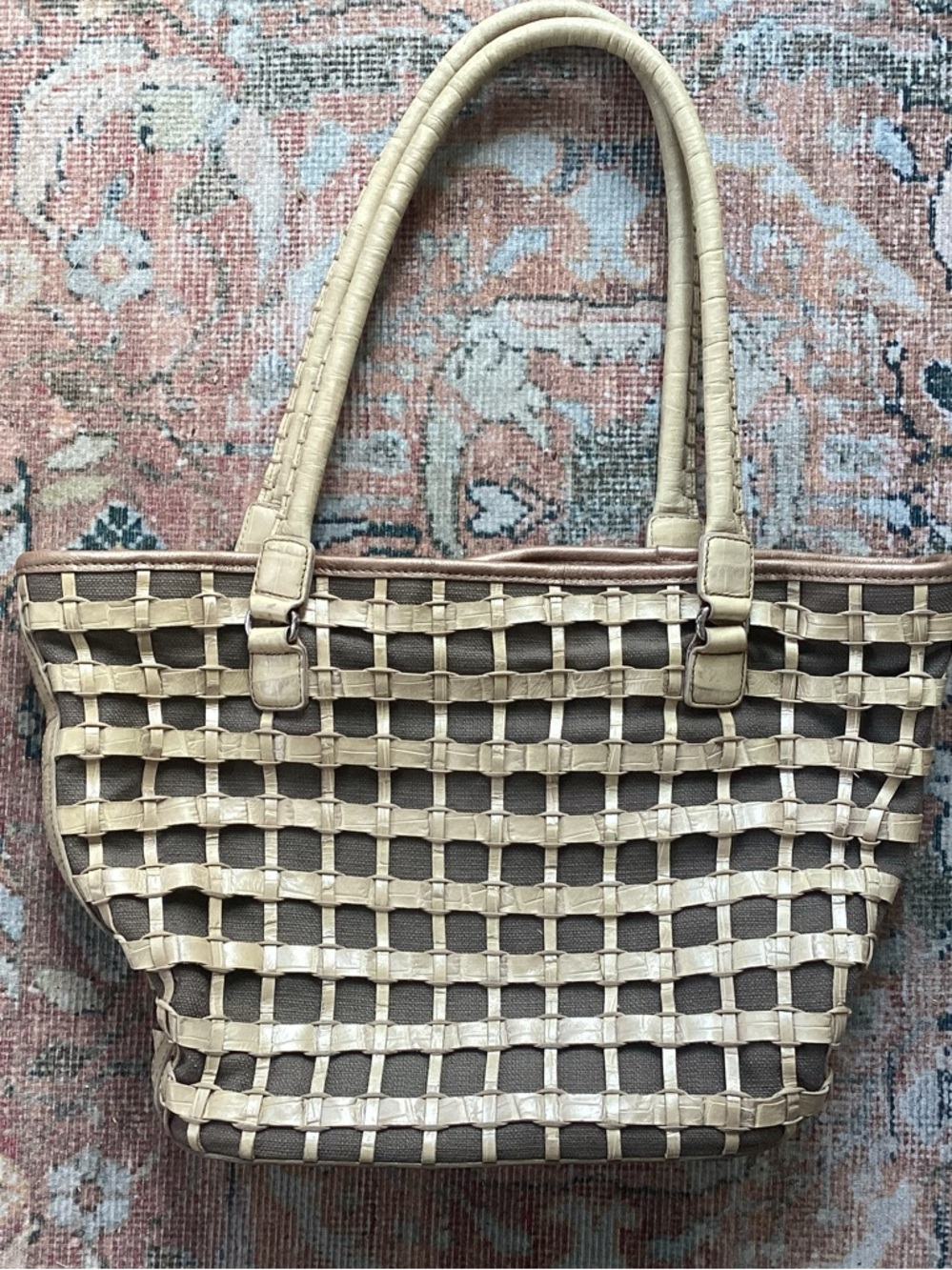 Brighton croc embossed leather and linen lattice work Cameron tote